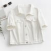 Plain White Short Sleeve Denim Coat, Lapel Single-breasted Flap Pocket Denim Jacket, Women's Denim Jeans & Clothing
