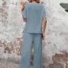 Button Decor Casual Pants Set, Short Sleeve Top & Split Hem Pants Outfits For Spring & Summer, Women's Clothing