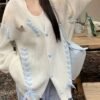 Lace Up Button Down Knit Cardigan, Casual Long Sleeve Loose Sweater, Women's Clothing