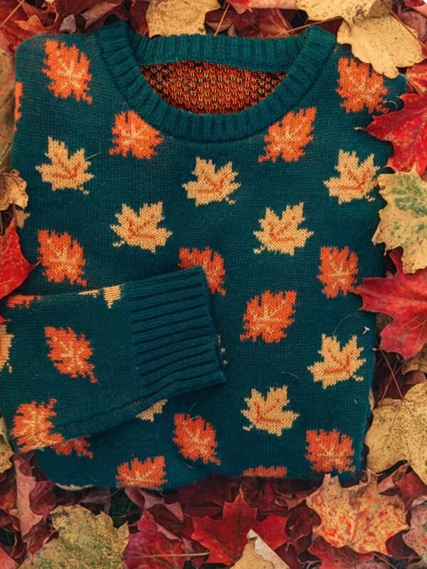 Maple Leaf Pattern Crew Neck Sweater, Casual Long Sleeve Stylish Pullover Sweater, Women's Clothing