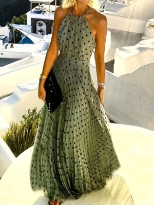 Polka Dot Print Halter Neck Dress, Vacation Style Sleeveless Pleated Maxi Dress For Spring & Summer, Women's Clothing