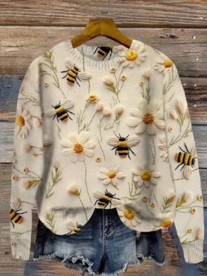 Flower & Bee Pattern Sweater, Versatile Crew Neck Long Sleeve Sweater For Spring & Fall, Women's Clothing