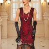 Fringe Hem Sequin Decor Flapper Dress, Retro Sleeveless V Neck Tank Slim Dress For Party & Banquet, Women's Clothing