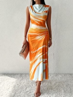 Tie Dye Ruched Tank Dress, Elegant Sleeveless Slim Tank Dress For Spring & Summer, Women's Clothing