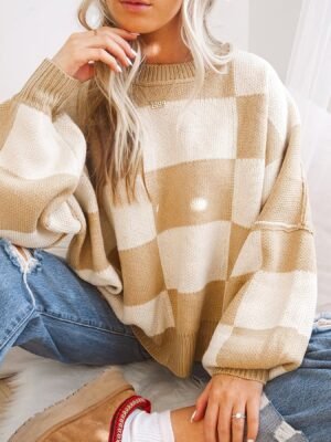 Plaid Pattern Knit Sweater, Casual Long Sleeve Drop Shoulder Pullover Sweater, Women's Clothing
