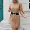 Women Casual High Neck Dress Fall Winter Solid Color Fashion Turtleneck Long Sleeve Sweater Knitwear Elegant Dress