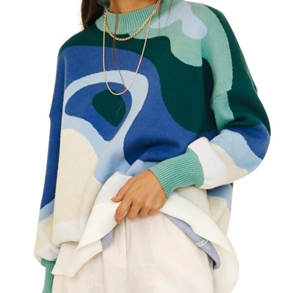 Plus Size Casual Sweater, Women's Plus Abstract Print Long Sleeve Mock Neck Medium Stretch Pullover Jumper