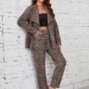 Plaid Pattern Elegant Two-piece Set, Long Sleeve Open Front Tops & Wide Leg Pants Outfits, Women's Clothing
