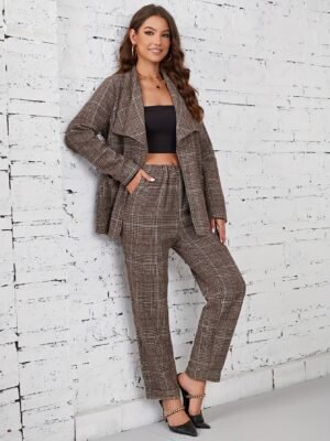 Plaid Pattern Elegant Two-piece Set, Long Sleeve Open Front Tops & Wide Leg Pants Outfits, Women's Clothing