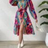 Abstract Print Crew Neck Dress, Elegant Long Sleeve Belted Dress For Spring & Fall, Women's Clothing