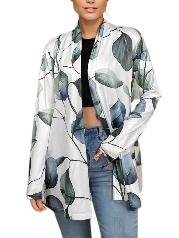 Leaves Print Open Front Cardigan, Versatile Long Sleeve Outwear For Spring & Fall, Women's Clothing
