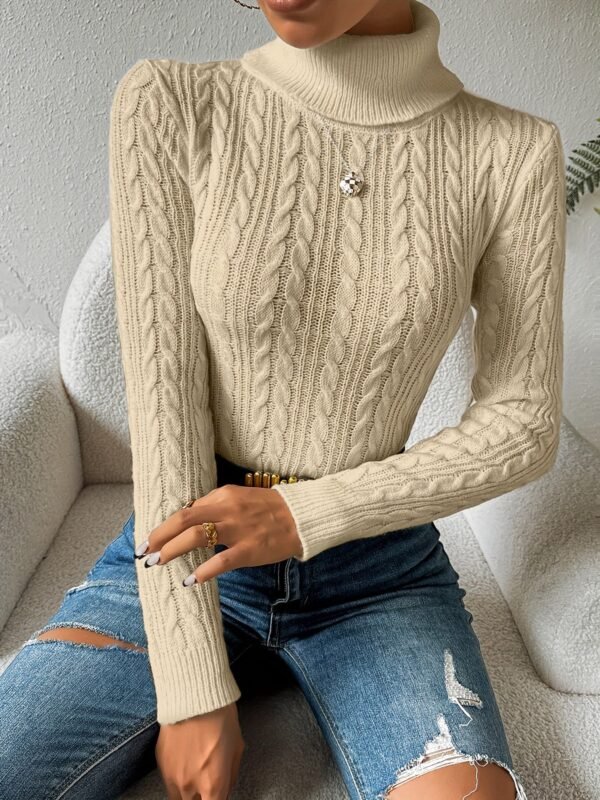 Solid Turtle Neck Cable Knit Sweater, Casual Long Sleeve Slim Sweater, Women's Clothing
