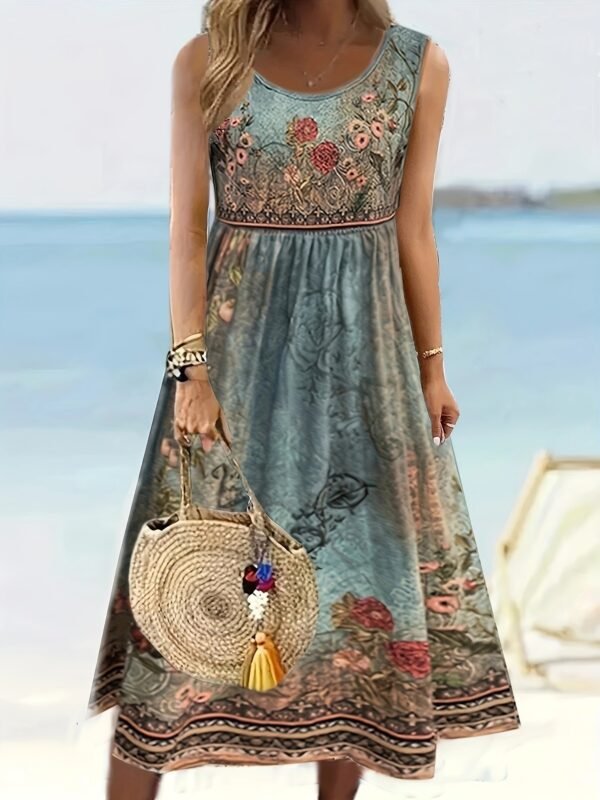 Floral Print Crew Neck A-line Dress, Casual Sleeveless Tank Dress For Spring & Summer, Women's Clothing