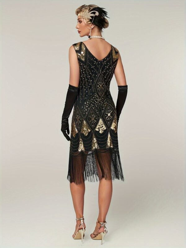 Sparkling Sequin V Neck Dress, Elegant Sleeveless Sheath Fringe Hem Dance Dress For Party & Club, Women's Clothing