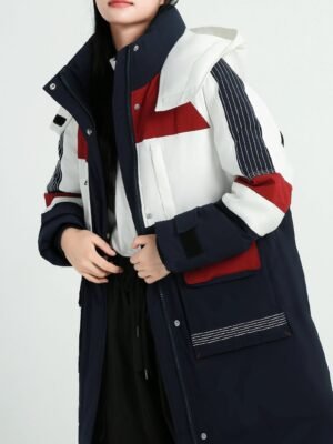 Color Block Hooded Down Jacket, Casual Stand Collar Long Sleeve Winter Warm Outerwear, Women's Clothing