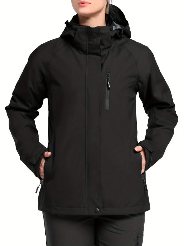 Solid Color Thermal Windproof Hooded Jacket, Zipper Pocket Waterproof Warm Jacket Coat For Fall & Winter, Women's Clothing
