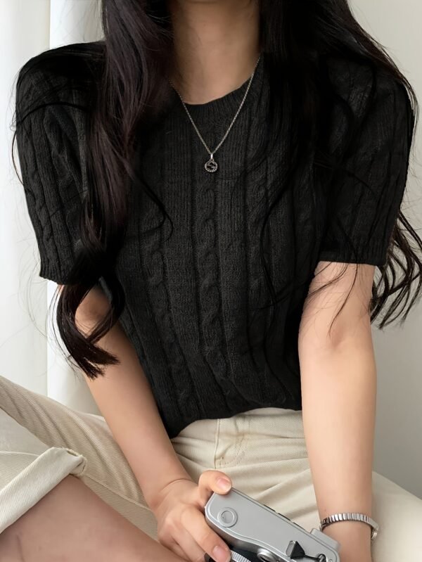 Cable Knit Pullover Sweater, Casual Short Sleeve Knitted Sweater For Spring & Summer, Women's Clothing