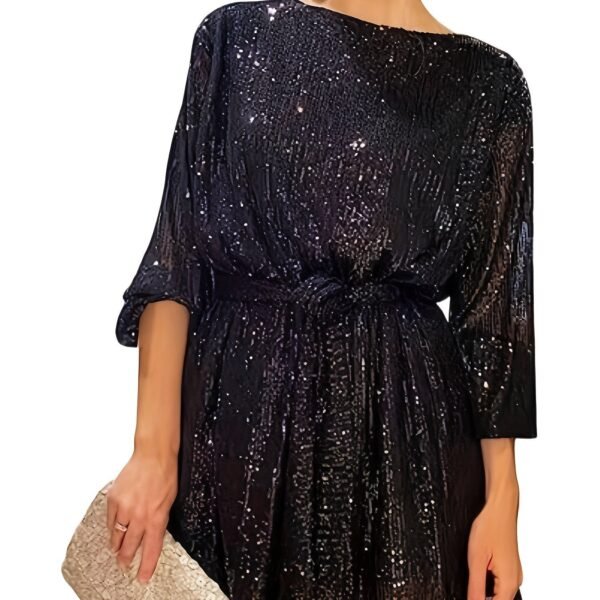 Sequined Tie Waist Dress, Elegant Solid Dress For Club & Party, Women's Clothing
