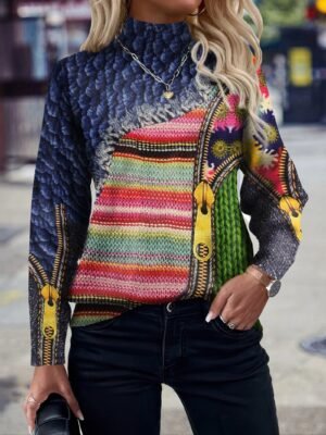 FULL PRINTED Knitted Pullover, Casual Long Sleeve Mock Neck Top, Women's Clothing