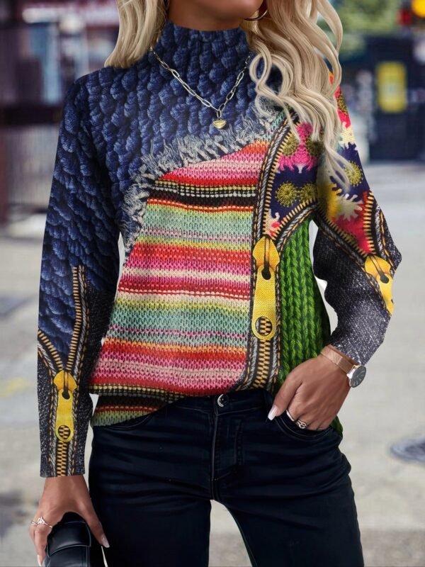 FULL PRINTED Knitted Pullover, Casual Long Sleeve Mock Neck Top, Women's Clothing