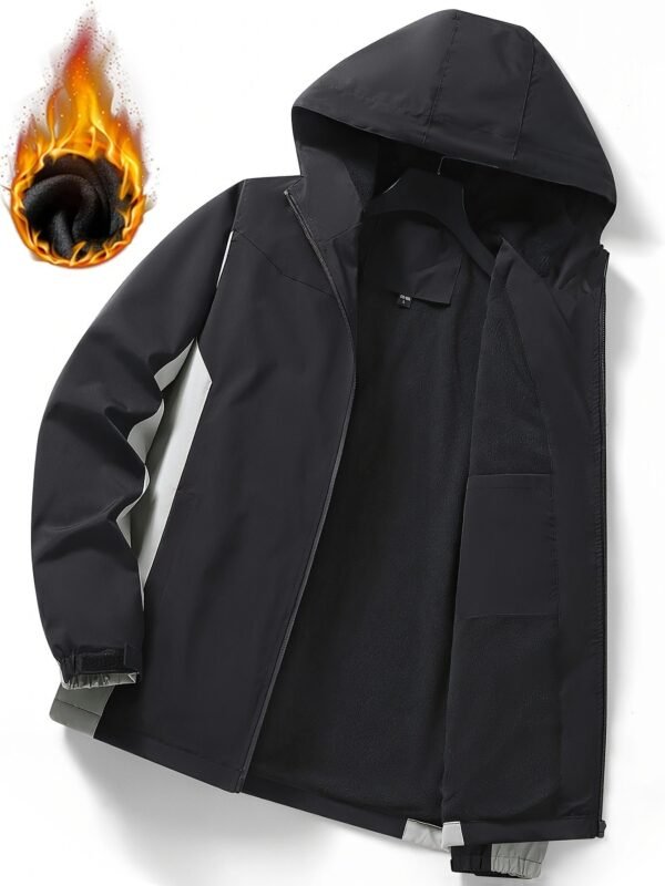 8a47fff329d6736fa504d783e22c7082-1.jpg Color Block Hooded Punch Jacket, Casual Waterproof Windproof Jacket, Fleece Warm Hooded Ski Coat, Women's Outdoor Clothing