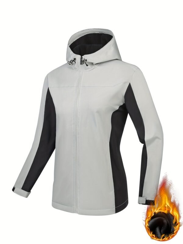 8b7f21a0a8b4aa1a14b1158cb2670ce4-1.jpg Color Block Hooded Punch Jacket, Casual Waterproof Windproof Jacket, Fleece Warm Hooded Ski Coat, Women's Outdoor Clothing