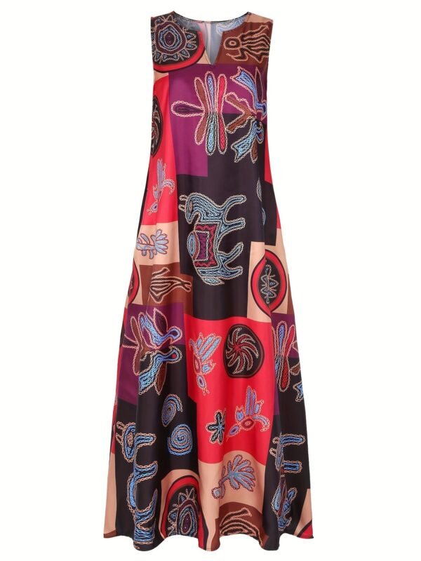 Ethnic Print V Neck Dress, Vintage Sleeveless Summer Maxi Dress With Pockets, Women's Clothing