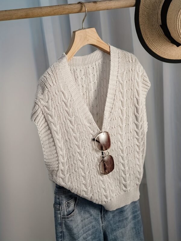 Twist V Neck Crop Sweater Vest, Casual Cap Sleeve Solid Color Sweater For Spring & Summer, Women's Clothing