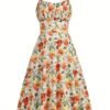 Floral Print Wide Strap Dress, Vacation Style Sleeveless Ruched Bust A-line Dress For Spring & Summer, Women's Clothing