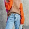 Color Block Turtle Neck Pullover Sweater, Casual Long Sleeve Split Side Sweater For Fall & Winter, Women's Clothing