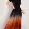 Ombre Crew Neck Pleated Dress, Elegant Short Sleeve A-line Swing Dress For Spring & Summer, Women's Clothing