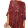 Sequined Tie Waist Dress, Elegant Solid Dress For Club & Party, Women's Clothing