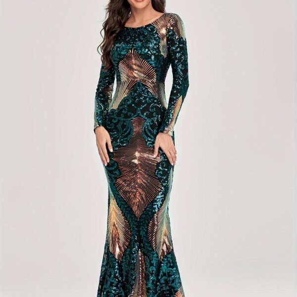Sparkling Sequin Crew Neck Cocktail Dress, Elegant Long Sleeve Mermaid Dress For Party & Banquet, Women's Clothing Wedding/Evening dress/Occasion/Engagement/Ceremony