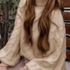 Twist Pattern Turtle Neck Pullover Sweater, Casual Lantern Sleeve Loose Sweater For Fall & Winter, Women's Clothing