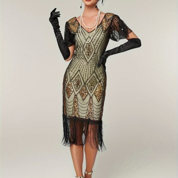 Sequin V Neck Dress, Elegant Fringe Hem Dress For Party & Club, Women's Clothing Wedding/Evening dress/Occasion/Engagement/Ceremony