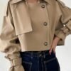 Solid Color Open Front Jacket, Casual Lapel Neck Fake Buttons Long Sleeve Jacket For Spring & Fall, Women's Clothing