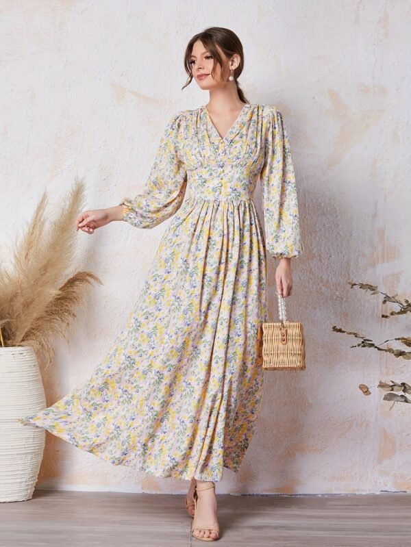 Floral Print V Neck Dress, Elegant Long Sleeve Dress For Spring & Summer, Women's Clothing