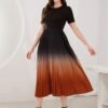 Ombre Crew Neck Pleated Dress, Elegant Short Sleeve A-line Swing Dress For Spring & Summer, Women's Clothing