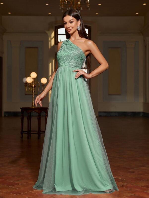 Sequin One Shoulder Contrast Mesh Dress, Elegant Sleeveless Floor Length Formal Dress For Party & Banquet, Women's Clothing For Party Dressing