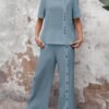 Button Decor Casual Pants Set, Short Sleeve Top & Split Hem Pants Outfits For Spring & Summer, Women's Clothing