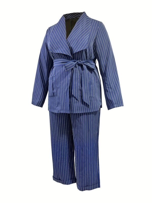 Plus Size Elegant Suit Set, Women's Plus Plaid Print Long Sleeve Waterfall Collar Belted Blazer & Wide Leg Pants Outfits Two Piece Set