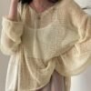 Solid Knitted Pullover Top, Casual Crew Neck Long Sleeve Crochet Coverup Top, Women's Clothing