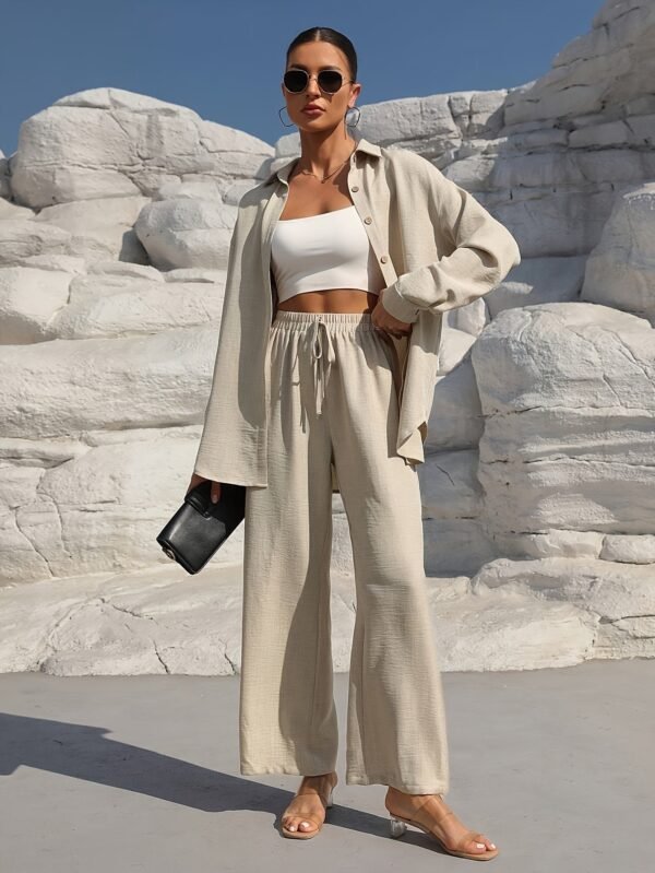Solid Color Pantsuits Set, Button Front Long Sleeve Shirt & Wide Leg Drawstring Waist Pants Outfits, Women's Clothing