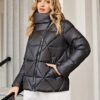 High Neck Zip Up Parka, Winter Thermal Solid Casual Coat, Women's Clothing