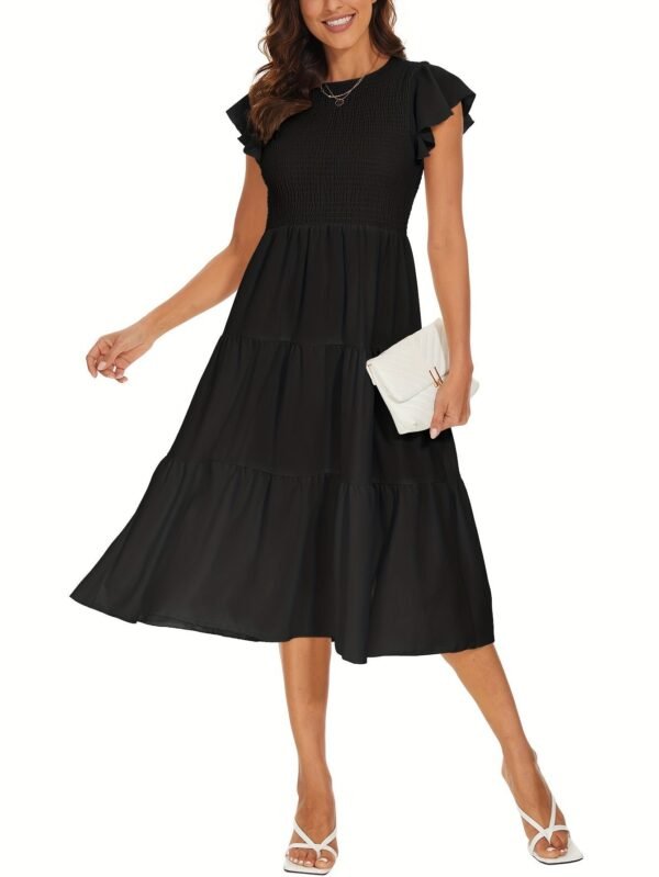 Solid Color Shirred Midi Dress, Elegant Flutter Sleeve Ruffle Hem Dress For Spring & Summer, Women's Clothing