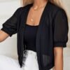 Solid Color Open Front Jacket, Elegant Short Sleeve Jacket For Spring & Fall, Women's Clothing