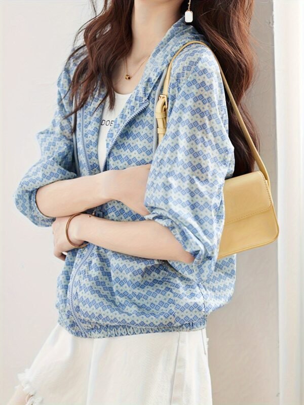 Allover Print Zipper Front Jacket, Casual Long Sleeve Drawstring Hooded Outwear For Spring & Fall, Women's Clothing