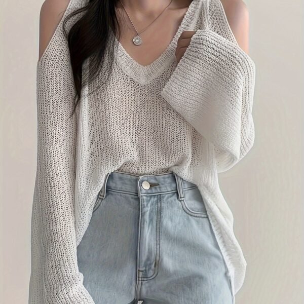 Solid Color V Neck Pullover Sweater, Y2K Long Sleeve Cut Out Knitted Sweater For Spring & Summer, Women's Clothing