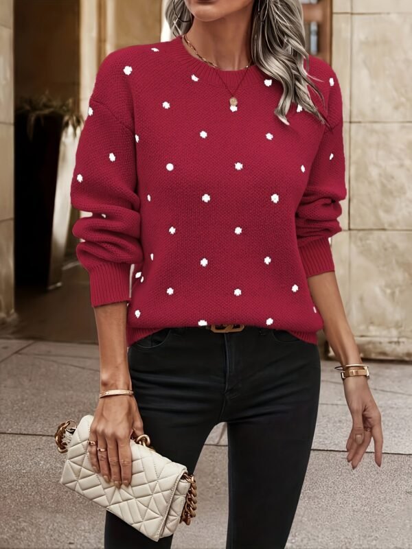 Polka Dot Pattern Knit Sweater, Casual Long Sleeve Crew Neck Sweater, Women's Clothing