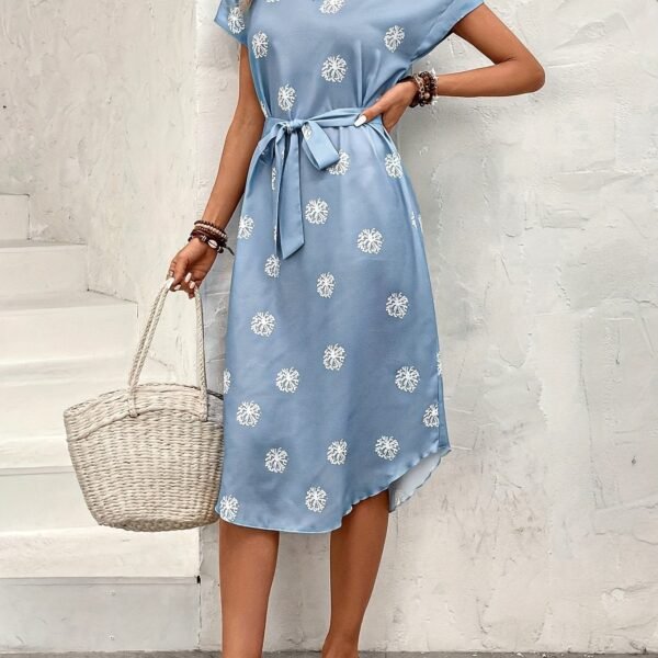 Floral Print Notched Neck Dress, Elegant Batwing Sleeve Dress For Spring & Summer, Women's Clothing